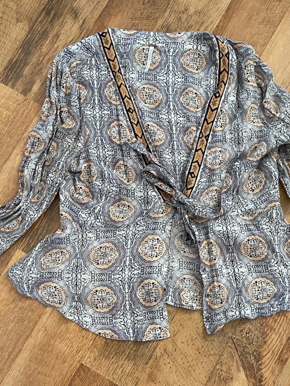 Free People Geo Print Long-Sleeve Tie-Front Blouse in Gold and Tan